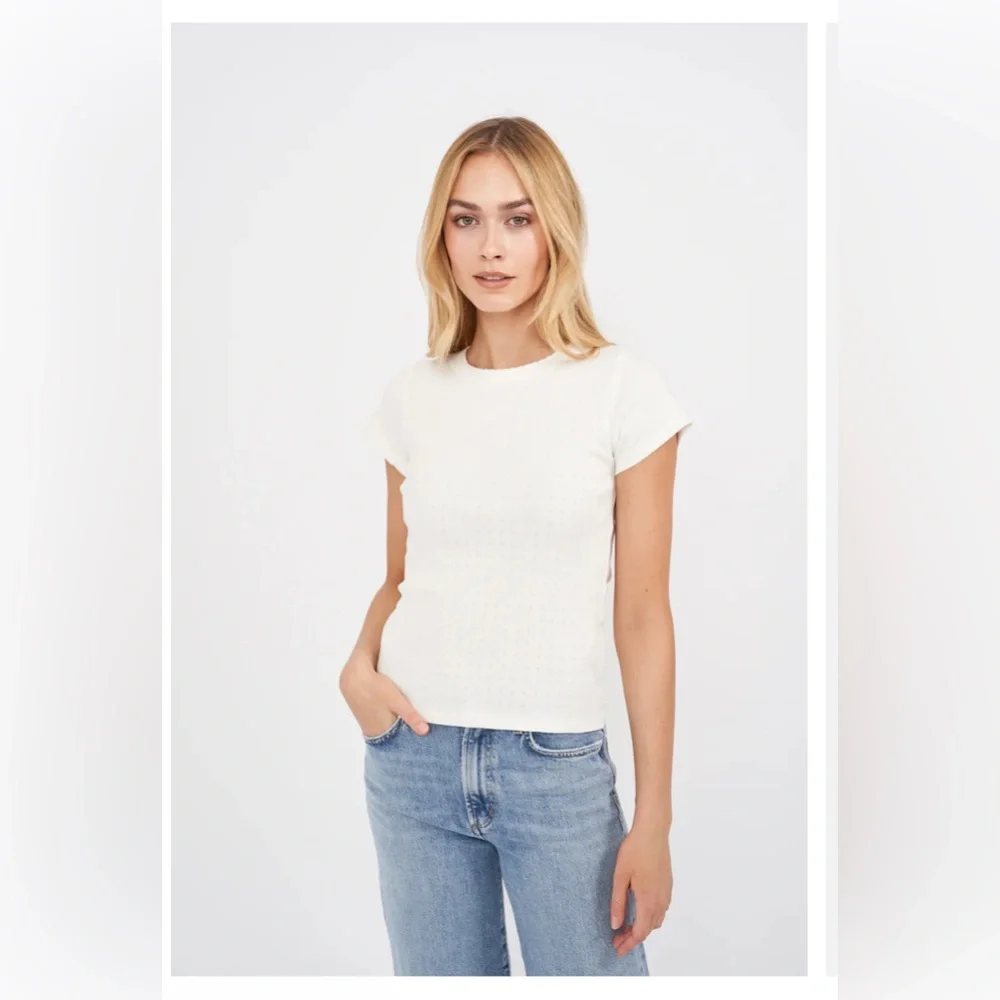 Marea by Liz Joy Classic White Pointelle Crewneck Tee Size L - Picture 1 of 4